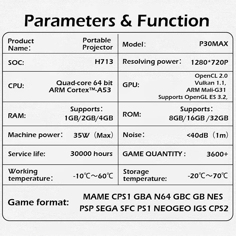 Android 11 P30MAX: Retro game console, dual WIFI, BT5.4, 720P, for home cinema & portable projection.