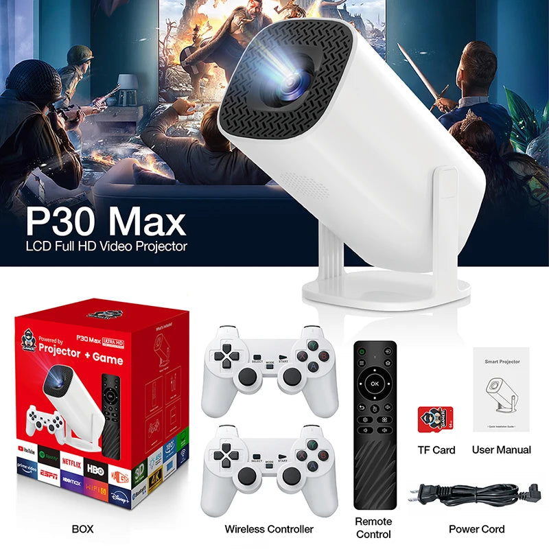 Android 11 P30MAX: Retro game console, dual WIFI, BT5.4, 720P, for home cinema & portable projection.