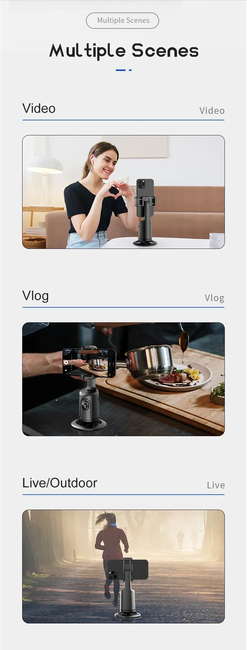 Hands-free phone tripod with auto face & object tracking for pro video & photos.
