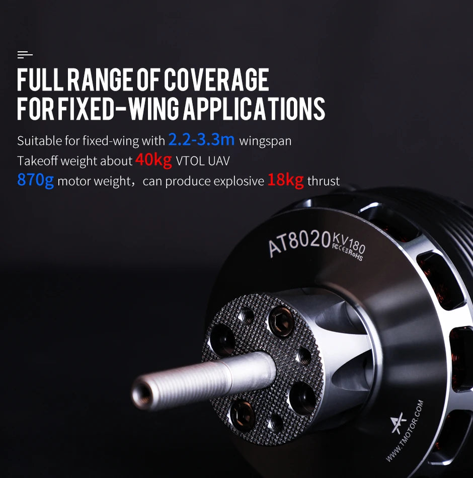 T-Motor AT8020 55CC Brushless Motor 180/210 KV Long Shaft for VTOL UAV & Fixed-Wing Aircraft