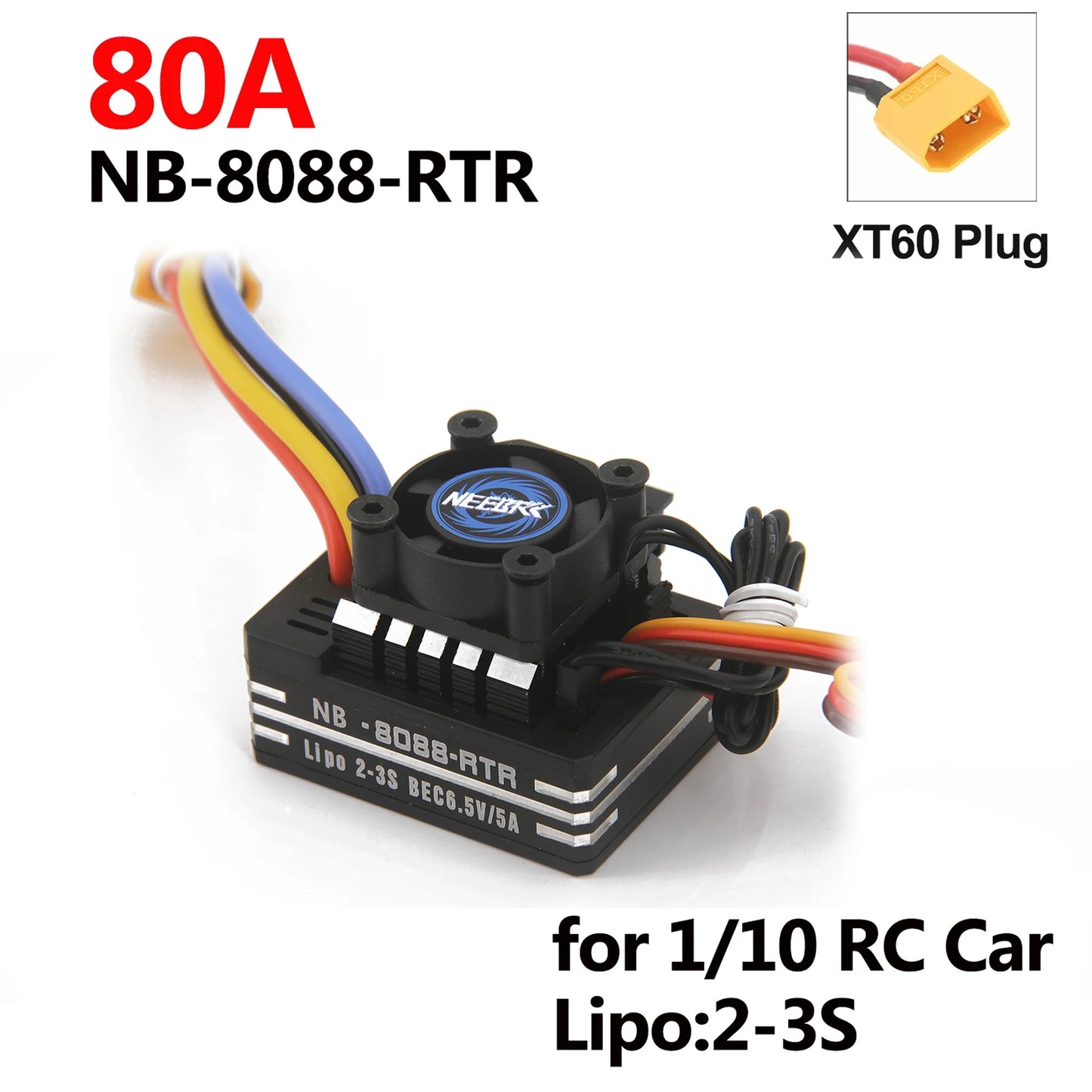 NEEBRC 60A/80A Waterproof ESC with Cooling Fan for RC Car 1/10–1/12