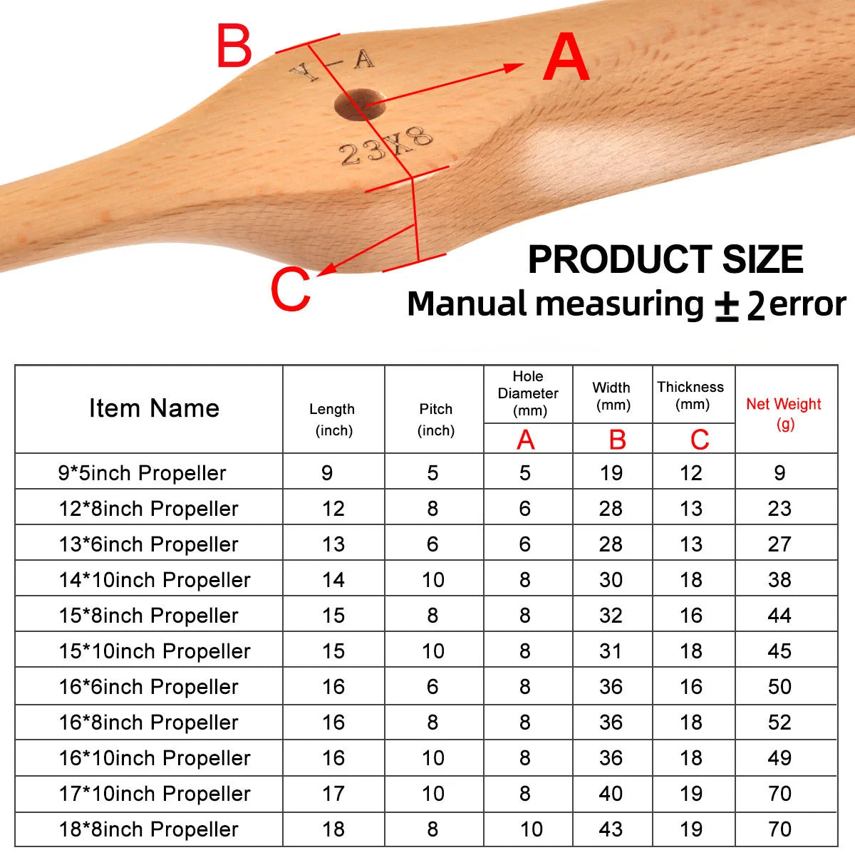 Wood Propeller 20x8 | 22x8 | 22x10 CW for Gas RC Plane