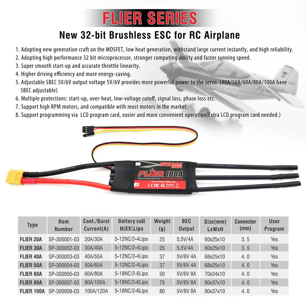 Surpass Hobby Flier ESC 20A–100A for RC Airplane or Helicopter