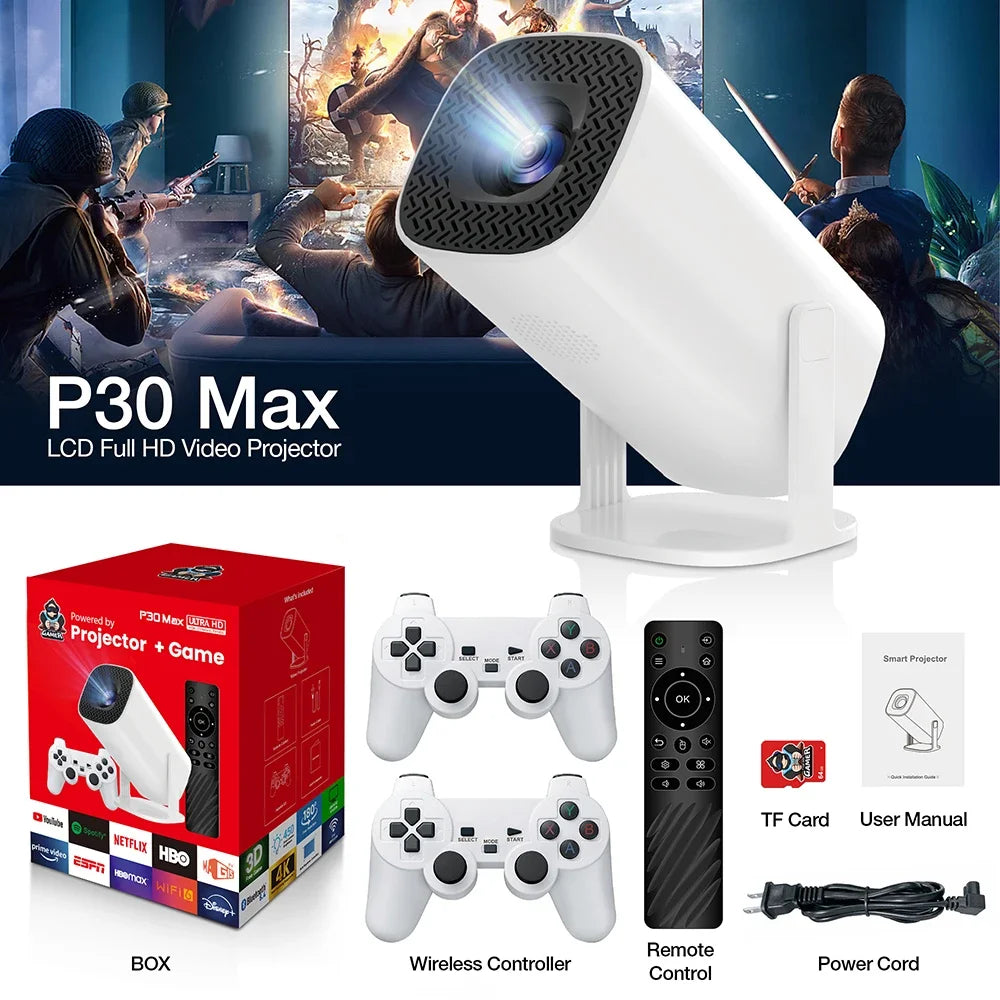 Android 11 P30MAX: Retro game console, dual WIFI, BT5.4, 720P, for home cinema & portable projection.