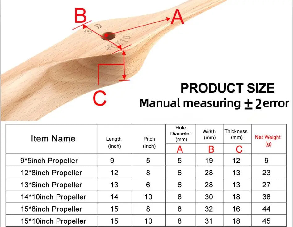 Wooden Propeller CW for Gas RC Plane – 9x5 | 12x8 | 13x6 | 14x10 | 15x8 | 15x10