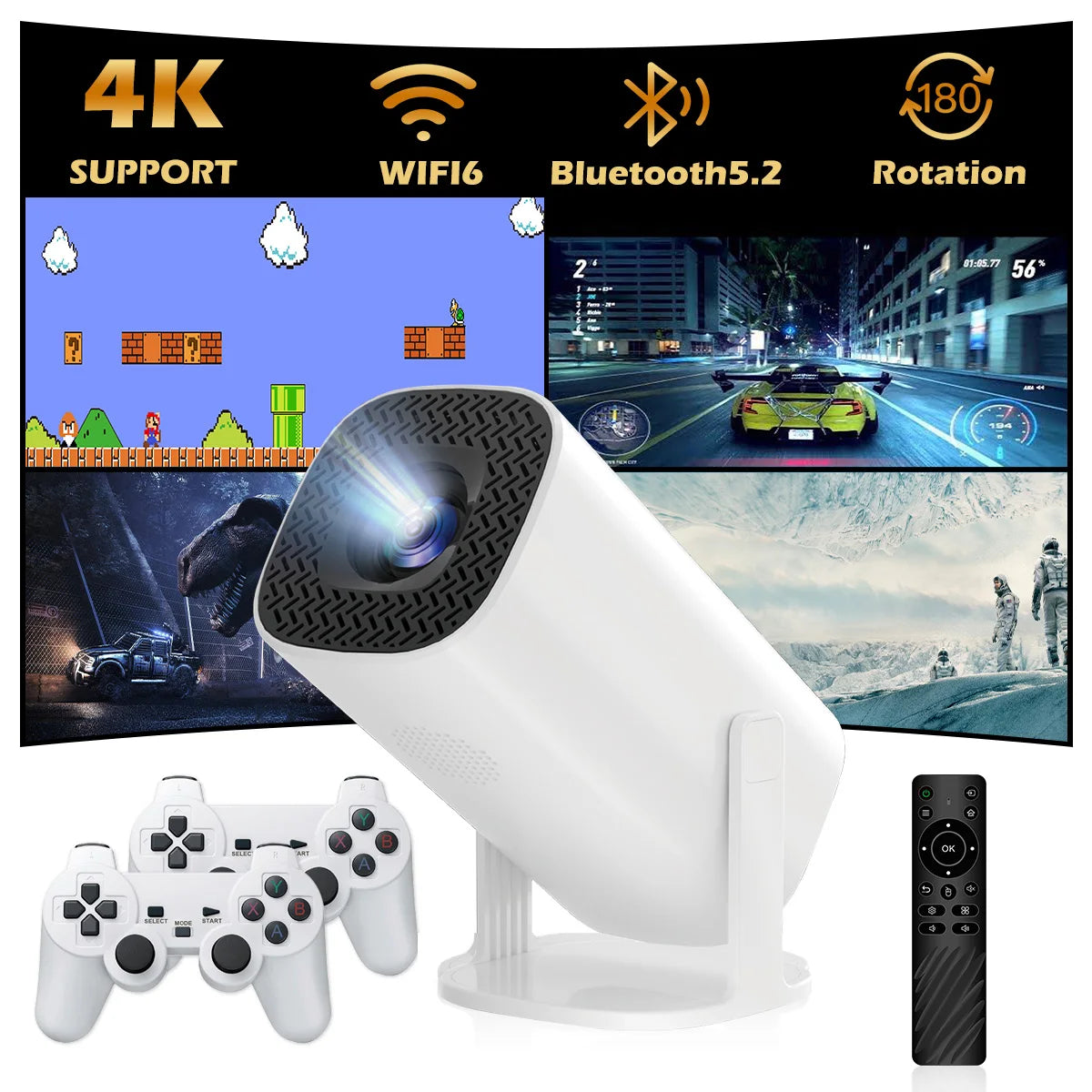 Android 11 P30MAX: Retro game console, dual WIFI, BT5.4, 720P, for home cinema & portable projection.