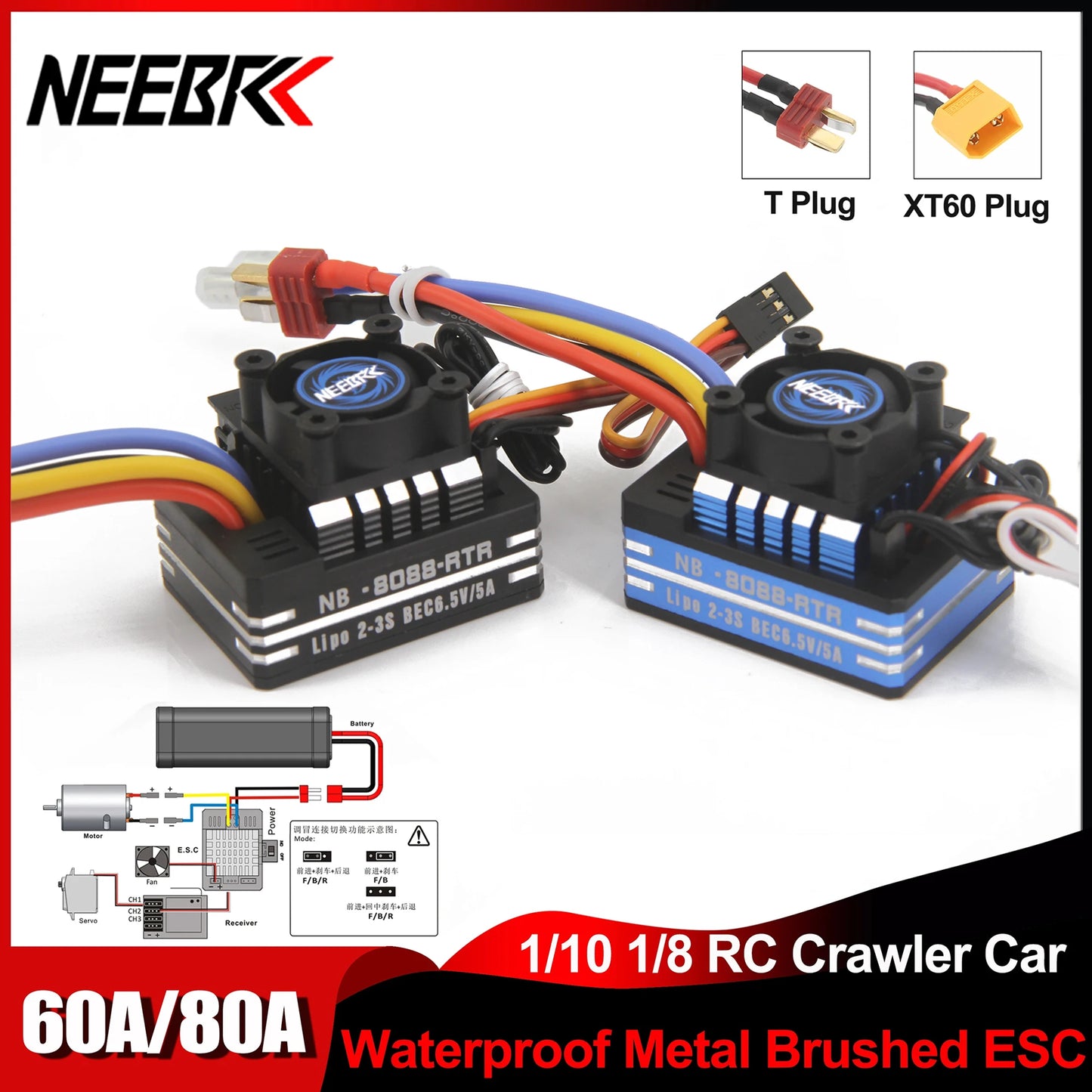 NEEBRC 60A/80A Waterproof ESC with Cooling Fan for RC Car 1/10–1/12
