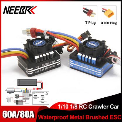NEEBRC 60A/80A Waterproof ESC with Cooling Fan for RC Car 1/10–1/12
