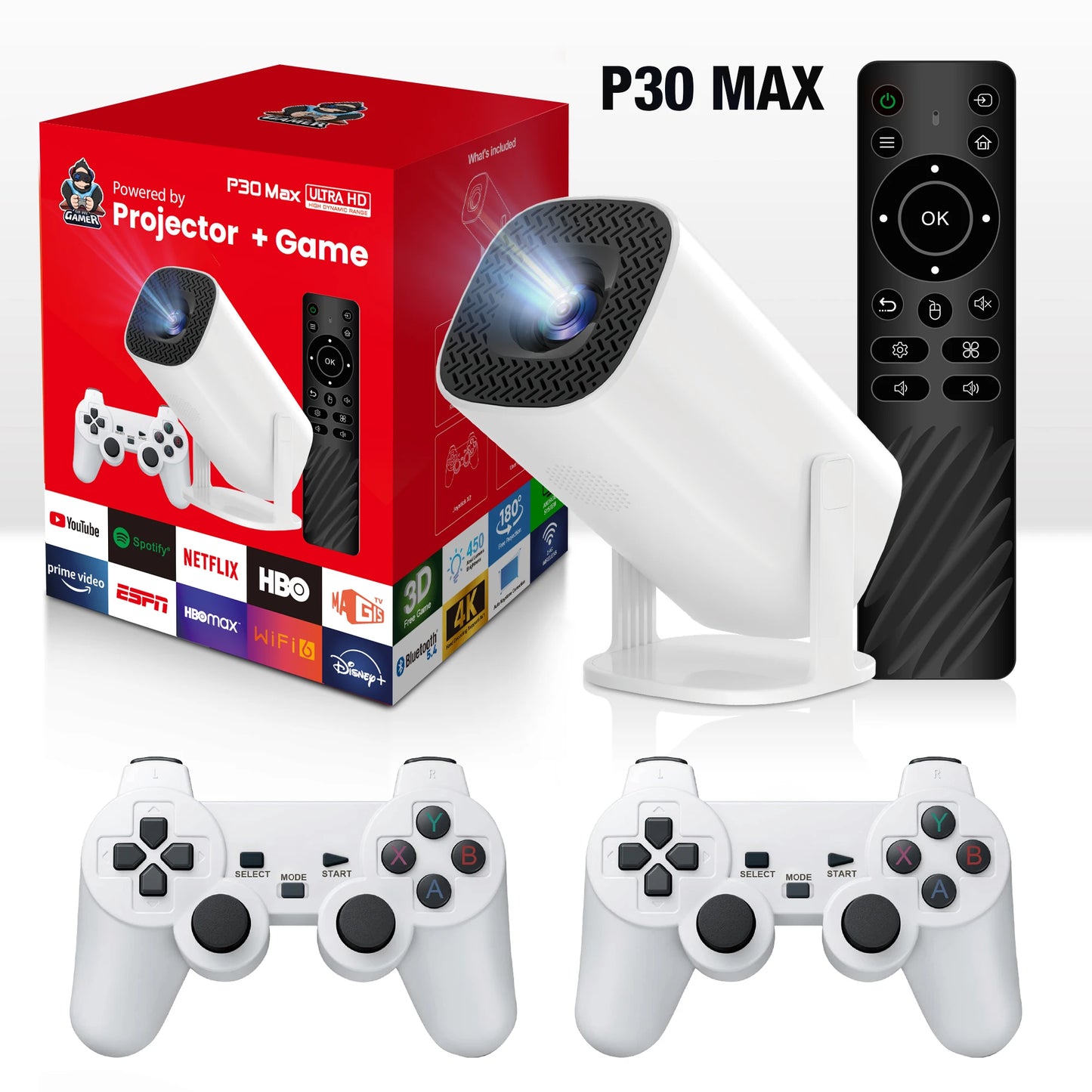 Android 11 P30MAX: Retro game console, dual WIFI, BT5.4, 720P, for home cinema & portable projection.