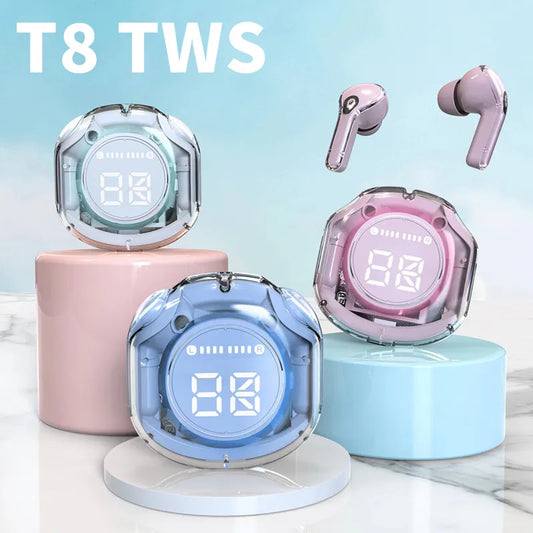 T8 TWS Bluetooth 5.3 headset: immersive audio, noise reduction, enhanced bass, touch controls. Sport & gaming.